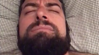 Big hairy bearded bear woke up very horny and wanking in bed. Beautiful agony. Orgasm face