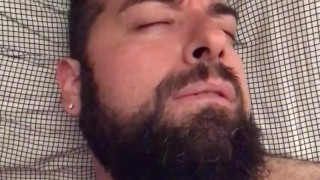Big hairy bearded bear woke up very horny and wanking in bed. Beautiful agony. Orgasm face