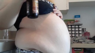 Quick beer drinking rubbing my soft bbw belly