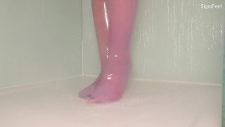 Wet Nylon Feet And Soles In The Shower
