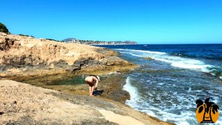 Hot teen shows naked body by the sea, in public place. MiaAmahl