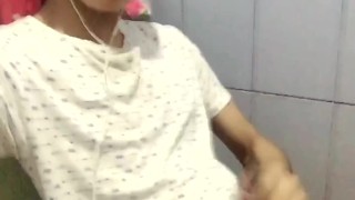 Young Asian Inked Boy Jerking Off and Cumming Inside the Toilet