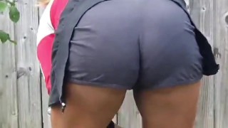 My Naughty Stepsister in Visible Pantyline Seethrough Tight Shorts Gardening - Candid Voyeur 