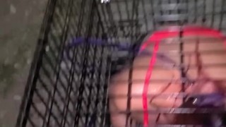 MILF caged and pissed on by Master and she thanks Him for golden shower