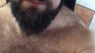 Big hairy bear horny after workout blows a banana and touching nipples