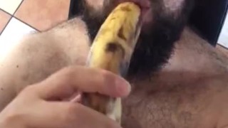 Big hairy bear horny after workout blows a banana and touching nipples