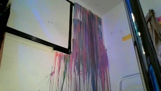 SFW Time lapse video painting my webcam wall in bra & Booty shorts acrylic silicone pour paint pt.1