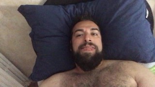 Big bearded bear with hairy chest wanking playing on cam showing his tongue. Beautiful Agony