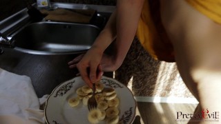 He fucked me in the kitchen and cums on my banana salad!