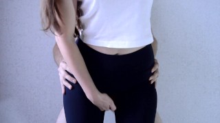 Girl in tight leggings slides on a dick and gets a lot of cum on her ass