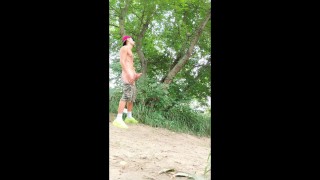 Long distance cumshot outdoor