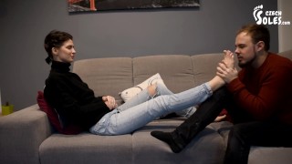 Nikola's first foot worship in her life! (foot fetish, sexy feet, bare feet, czech soles,young feet)