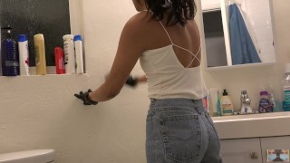 Indian Bhabhi enjoys scrubbing bathroom clean