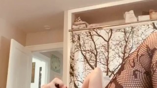 Hot, young mom masturbates in a corset and fishnets for her boyfriend