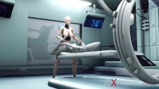 Sexy sci-fi female android plays with an alien in the surgery room in the space station