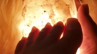 Sexy Barbie Feet stroking fur and glowing salt lamp