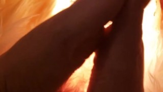 Sexy Barbie Feet stroking fur and glowing salt lamp