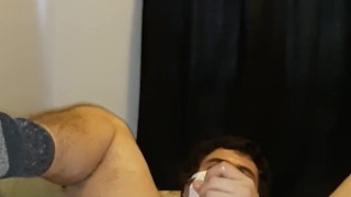 Playing with my anal plug(bunny tail)while milking my cock