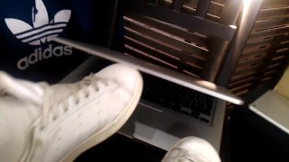 Apple laptop worships Adidas Stan Smith sneakers, white socks, boy's feet fetish, twink's legs