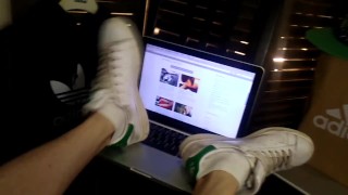 Apple laptop worships Adidas Stan Smith sneakers, white socks, boy's feet fetish, twink's legs