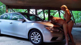Girl STRAPON GUY Homemade Amateur Pegging- Additional Parking in Rear- Strapon Pegging on car!
