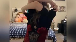 Shy college girl strip tease in a little black dress 