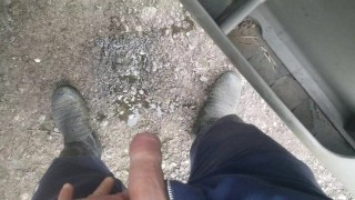 Lad taking a piss in gumboots pov