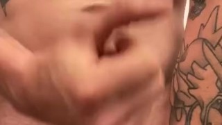 Tattooed male jerking off with dirty talk and moaning and cumming on hand 