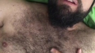 Big horny bearded Italian bear with hairy chest strokes his body