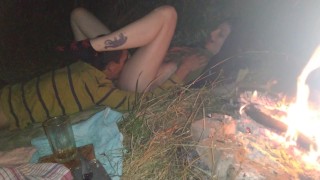 Licked the sweet pussy of his girlfriend by the fire