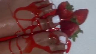 Cute Feet with Sprinkles, Strawberries, Baby Oil, and Strawberry Syrup