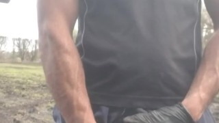 Farm lad flops out big uncut dick to take a piss