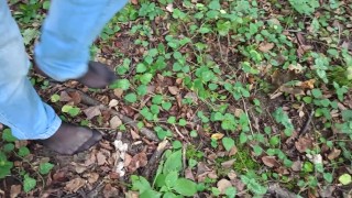 Risky walking in the forest barefoot with pantyhose, I also needed to pee!