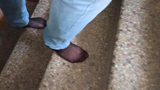 Walking barefoot with Pantyhose on a really dirty floor.