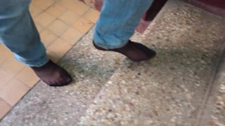 Walking barefoot with Pantyhose on a really dirty floor.