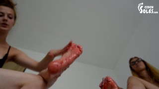 Two sexy foot girls crushing strawberries under their soles (lesbian feet, foot tease, sexy feet)
