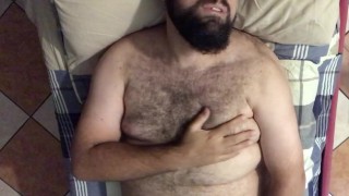 Big very hairy Italian bearded bear horny moaning wanking on the bed. Orgasm face Beautiful Agony