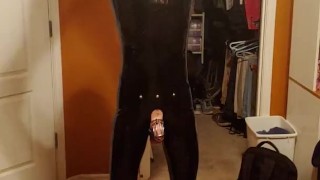 Performing exercises for Sir while plugged, in chastity and in skintight rubber head to toes