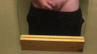 Horny while camping, I escape to a public washroom in the campground to go jerk off and Cum. 