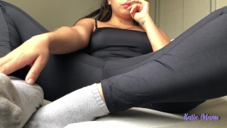 Bored girl in transparent yoga pants fingering her pussy to spend time- Katie Adams