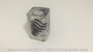 Two consecutive ejaculations with a transparent masturbator with a clear view of a hairless foreskin