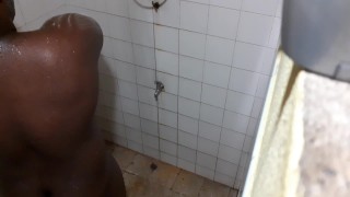 Chubby black boy shakes big ass and showers