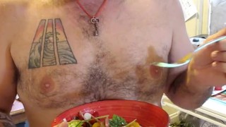 Naked salad toss: eating and hanging out with my dogs