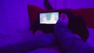 Redhead Girl masturbating watching lesbian Hentai uncensored when parents are in home