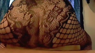 Thick white girl fucking wet pussy till orgasm while riding dildo in fishnets!!