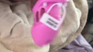Sissy Shemale tranny slut athletic hot babe in her cute pink little chastity cage 