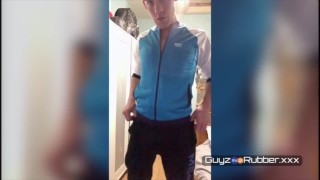 Distant Rubber Solo sees chav undress to reveal his tight rubber gear. Wanking, fleshlight & cum etc