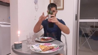 romantic dinner date - handsome husband cums on pizza -