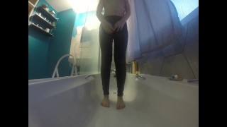 Desperate trans girl wets herself in the shower