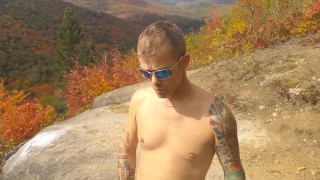 Short walk naked on mountain top with no clothes. Awesome view with a trail near by